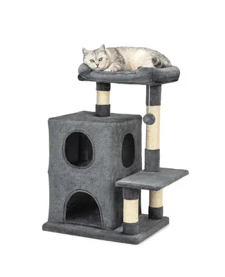 Produktbild von lionto Kratzbaum für Katzen 80 cm, mit 2 Höhlen, Liegebett & Spielball, Sisalstämme für Krallenpflege, dunkelgrau