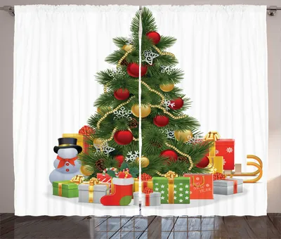 Produktbild von ABAKUHAUS Weihnachten Rustikaler Vorhang, Weihnachtsbaum-Stil, Wohnzimmer Universalband Gardinen mit Schlaufen und Haken, 280 x 175 cm, Grün Gelb Rot