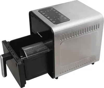 Produktbild von Hagenuk Heißluftfritteuse mit Rotisserie 8L 1650W Edelstahl-Drehkorb Temperatur 80–200°C Timer 60 Min Sichtfenster rutschfeste Silikonpads Bedienungsanleitung in 6 Sprachen