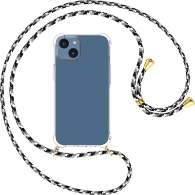 Produktbild von Handykette Backcover-Schutzhülle mit Band (Metall goldfarben) für Apple iPhone 15 - schwarz/grau/weiß