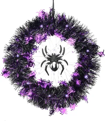 Produktbild von Halloween Deko, Halloween Türkranz Ø 30cm, Halloween Spinnen Dekorations Kranz mit Lichtde koration Halloween Dekorationen Outdoor, Innen, für Halloween Partys, Wand und Fenster