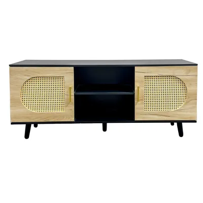 Produktbild von TV-Schrank Schwarz-Holz Kontrast mit PVC Rattanoptik Tueren, offene Ablage, edles Vintage Boho TV-Moebel fuer Wohnzimmer, 120cm
