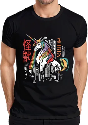 Produktbild von Einhorn Regenbogen Kaiju Monster Stadt Zerstörung ユニコーン 怪獣 Retro Herren T-Shirt, Schwarz, S