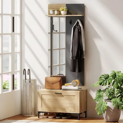 Produktbild von SUGIFT Garderobenset Flur 4-in-1, Garderobe mit Spiegel Schuhbank 3 Haken, MDF Naturholz Grau | 60 x 13,5 x 127,5 cm | 29 kg | Alles-in-einem