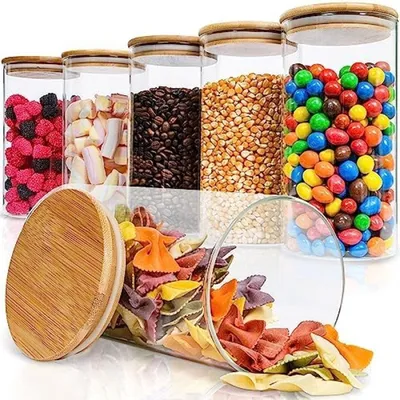 Produktbild von PolkaHome® Gläser Vorratsdosen mit Bambusdeckel, 6-teiliges Set – luftdichte Aufbewahrungsbehälter, 14 ml, Borosilikatglas, BPA-frei