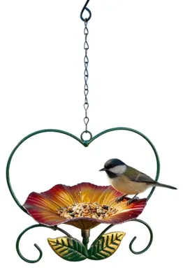 Immagine prodotto di INF Mangiatoia in Ferro a Cuore e Fiore — Mangiatoia Multifunzionale da Giardino con Picchetto, Vassoio per Semi Decorativo Rosso