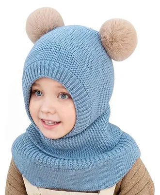 Image de Bonnet d'hiver pour enfants avec écharpe et capuche, cagoule en laine bleue