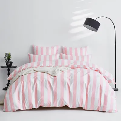 Zdjęcie produktu dla Komplet pościeli 155x220 cm, bawełna, różowy i biały, w paski, 3-częściowy, z zamkiem