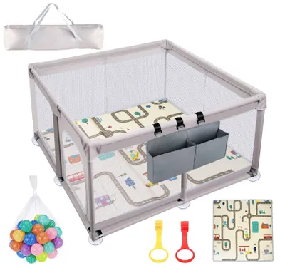 Produktbild von Laufstall Baby 120x120cm, Laufgitter Baby mit Matratze und Seitliche Aufbewahrungshängetasche 50 Bälle Bunt, Playpen aus 600D Oxford Gewebe, Grau