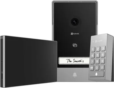A product shot of a video intercom system with multiple components.