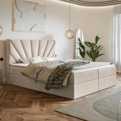 Produktbild von MOTIVENA Aspen Boxspringbett 180x200 Beige Samt (Jasmine 21), Taschenfederkern-Matratze (H3), Visco Topper (H2)