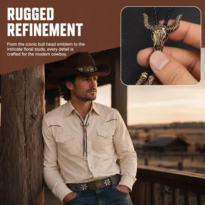 Immagine prodotto di Cappello da cowboy western marrone, con catena a forma di testa di toro e cintura, taglia 5, ideale per feste a tema