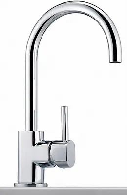 A close-up studio shot of a chrome kitchen faucet.