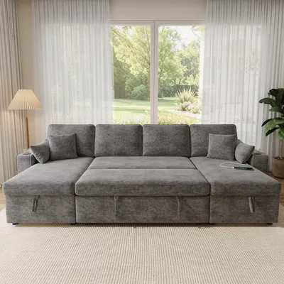 Zdjęcie produktu dla Narożnik Merax w kształcie litery U, rozkładana sofa z funkcją spania, sofa z schowkiem, porty USB i Type-C, uchwyt na kubek, sofa z tkaniny szenilowej, szara