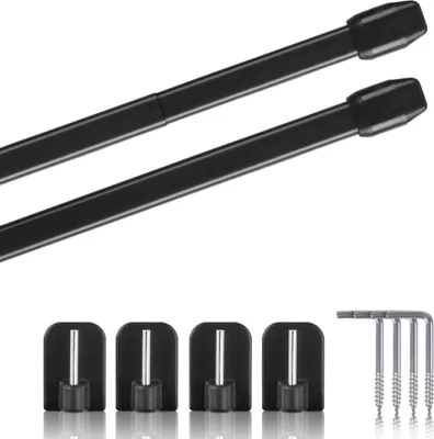 A product shot of two black curtain rods and four adhesive hooks, along with a set of screws.