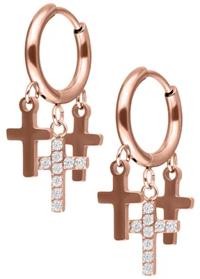 Produktbild von Wildcat Ohrringe - Little Dangling Cross Hoops - Roségold - Chirurgenstahl 316L - wasserfest, langlebig, hautverträglich, Roségold-Kristallklar