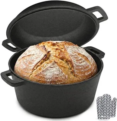 Obrázek produktu pro Litý železný pekáč na chléb s víkem – černý – objem 4,7 l (pekáč) + 1,5 l (víko) – vhodný pro pečení chleba, dušení a pečení