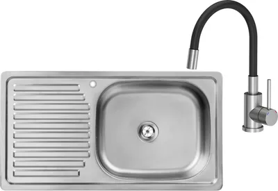 Immagine prodotto di Lavello in acciaio inossidabile VBChome con miscelatore, dimensioni 75x40x14 cm. Lavello da cucina in acciaio inossidabile, superficie liscia, foro per il miscelatore sul lato sinistro, piano di scolo, sifone e miscelatore con erogatore flessibile