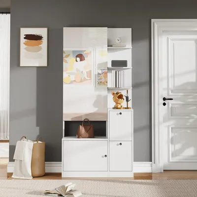 Produktbild von Weißer Hochschrank 85x40x180 cm mit Spiegel Schuhschrank und 5 Ablageflächen
