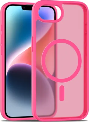 A pink iPhone case with a transparent back is shown next to an iPhone.