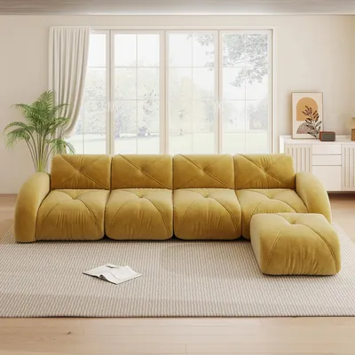 Zdjęcie produktu dla Żółta, narożna sofa w kształcie litery L, modułowa sofa dla 4 osób, wykonana z tkaniny chenille, z podnóżkiem, wymiary: 358x171x76 cm, antypoślizgowa, nie wymaga montażu.