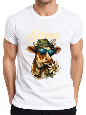 Productafbeelding van Servus Kuh Edelweiß zonnebril, Beierse kleding, lederen broek, dirndl, heren T-shirt, wit, maat L