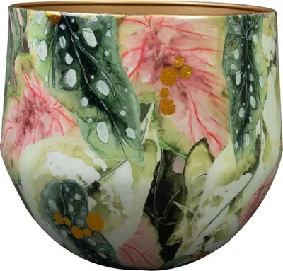 A close-up view of a decorative pot with a botanical print.
