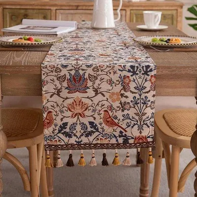 Produktbild von Ibenzoa® Tischläufer Landhausstil mit Quasten, Baumwoll‑Leinen, dickes hautfreundliches Gewebe, 30 x 200 cm, beidseitig waschbar, für Tische 4–8 Personen