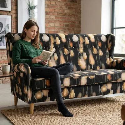 Produktbild von Schlafsofa ARI Design – Modernes Muster, Webstoff in Schwarz-Gelb, Family Meble, KI-generiertes Bild