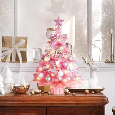 Image de Petite décoration de Noël rose de 167 cm avec guirlande lumineuse et ornements