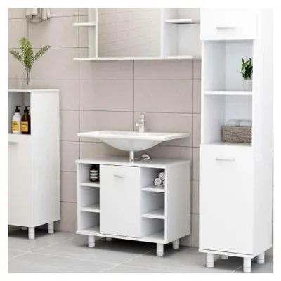 Produktbild von Moderner Waschbeckenunterschrank, freistehend, mit Tür und offenen Regalen, für Waschbecken ohne Podest, Weiß