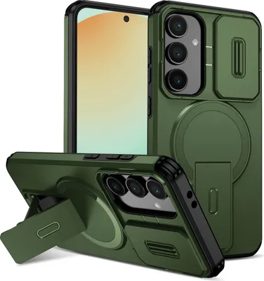 Produktbild von Magnetisch Hülle für Samsung Galaxy S24 FE, Dual Layer Stoßfest Handyhülle mit Dia Kameraschutz, Verstellbarem Ständer Grün