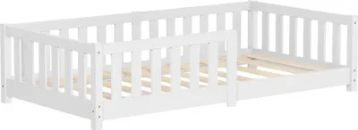 Produktbild von ML-Design Kinderbett 80x160 cm Weiß Bodenbett für Kinder mit Lattenrost und Rausfallschutz Jugendbett aus massivem Kiefernholz Bettgestell Babybett