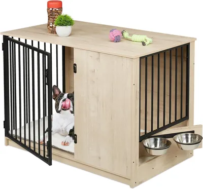 Immagine prodotto di Trasportino per cani - Interno - 65,5 x 102 x 60 cm - Cuccia per cani con 2 ciotole girevoli - Materiale: MDF e acciaio - Aspetto legno nero
