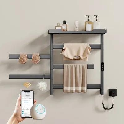 Produktbild von EMKE Elektrischer Handtuchheizkörper, APP Steuerung LED Touchscreen mit Timer, Schwenkbarer Handtuchtrockner mit Ablage, 66x58cm 135W Anthrazit
