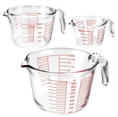 Immagine prodotto di Set di 3 misurini in vetro da 1000 ml, 500 ml e 250 ml, con 4 scale (litri, decilitri, once, tazze), resistenti al calore, senza BPA