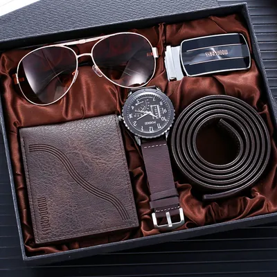 A gift set for men, including a wallet, watch, belt, and sunglasses, neatly arranged in a box.