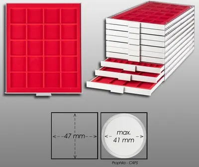 Produktbild von Prophila Collection Münzbox grau 20 eckige Fächer für Münzen bis 47mm, rote Einlage z. B. Medaillen