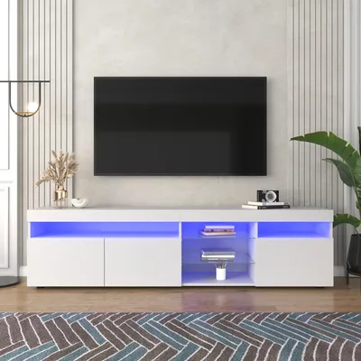 Image de OKWISH Meuble TV Moderne avec Éclairage LED Réglable - Meuble Bas Design Contemporain en MDF pour Salon - Blanc - 180x35x45 cm