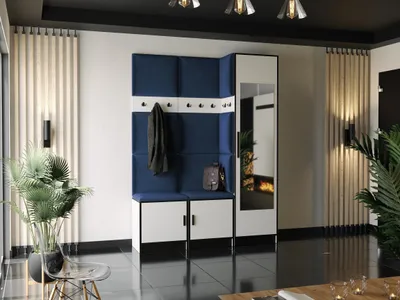 Produktbild von KIER FURNITURE Garderobe mit Sitzfläche Roj20 - 159,6x205x39cm Weiß + Stoff Blau