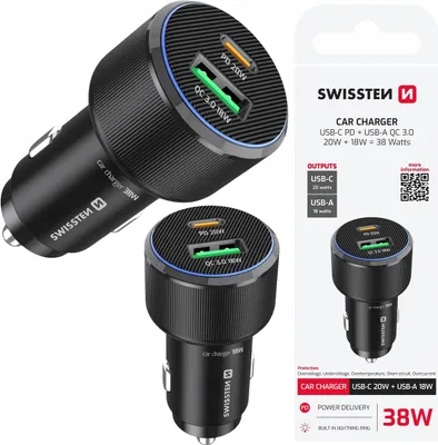 Zdjęcie produktu dla Ładowarka Samochodowa Kompaktowa Swissten 1 X Usb-c Pd + 1 X Usb-a Qc 38w
