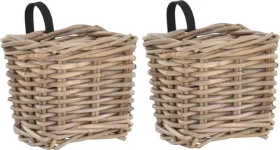 Produktbild von KRINES HOME Set / 2 Balkonkorb Grau Balkon Geländer Pflanz-Korb Blumen-Topf Natur Rattan Balkonkasten Pflanzgefäß mit Folie (2, Rechteckig klein)