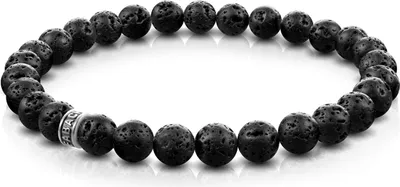 Produktbild von FABACH Lava Perlenarmband mit 6mm Edelstein-Perlen und 925 Sterling Silber Logo-Perle - Edles Naturstein Stretch-Armband für Damen (Schwarz)