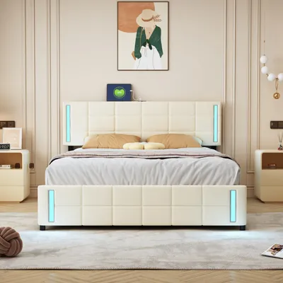 Produktbild von 140x200cm Beige Polsterbett Leinen (Ohne Matratze) mit LED-Lichtsteckdose 4 Schubladen gepolstert flaches Einzelbett Kinderbett Jugendbett Gästebett