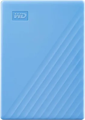 A blue Western Digital My Passport external hard drive is shown from the front on a white background.