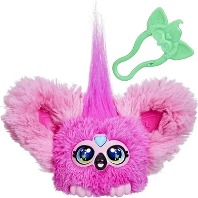 A pink, fluffy toy with large ears and a purple tuft of hair on its head, along with a green accessory. The toy has large, expressive eyes and small feet.