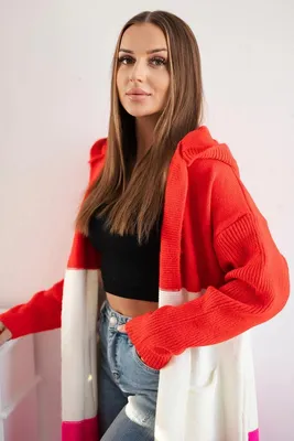 Produktbild von Kapuzen-Cardigan mit Streifen Rot + Ecru + Neonpink