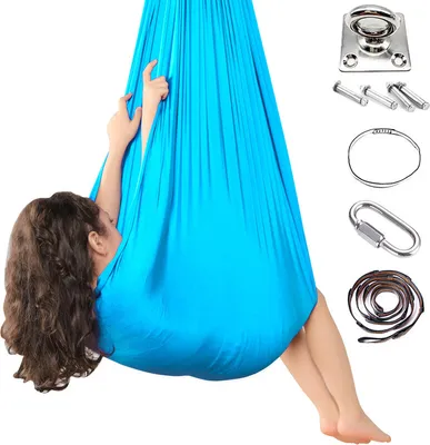 Produktbild von Kinderhängematte, Indoor-Therapie-Kuschelschaukel mit 360 ° drehbarer Deckenhaken, verstellbare Yoga-Lufthängematte Himmelblau