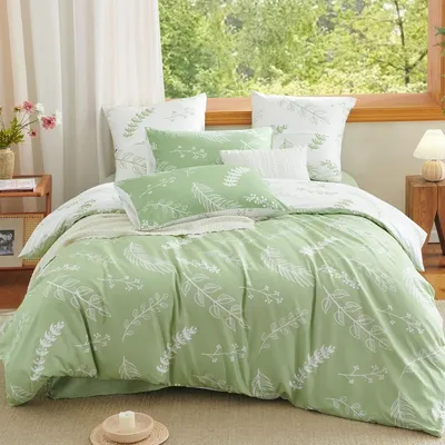 Productafbeelding van Beddengoedset, 155x220 cm, groen, wit, met bloemen en bladeren