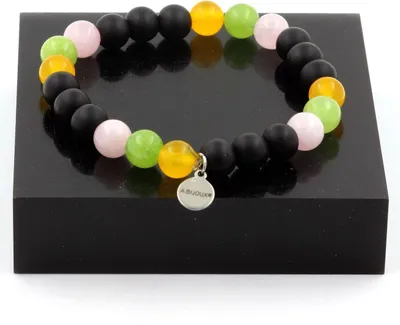Immagine prodotto di Bracciale di quarzo rosa + agata gialla + peridoto + onice nero opaco 8 mm